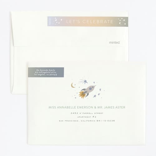 This is a lunar kids birthday invitations with foil pressed by Leah Bisch called out of this world printing on signature in standard
