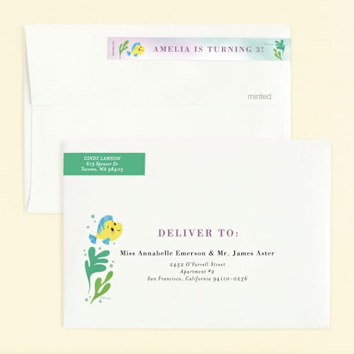 This is a lilac kids birthday invitations with foil pressed by Itsy Belle Studio called disney's little mermaid shellebrate! printing on signature in standard