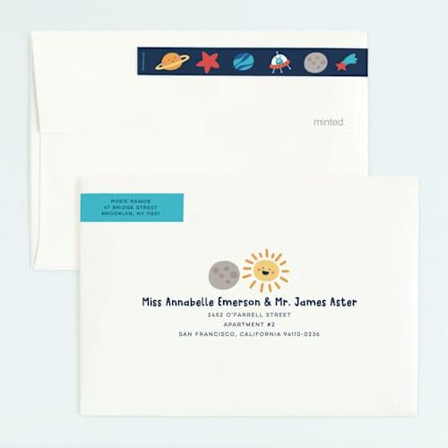This is a midnight kids birthday invitations with standard by peetie design called space age printing on signature in standard