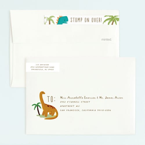 This is a marshmallow kids birthday invitations with standard by Everett Paper Goods called dino zone printing on signature in standard
