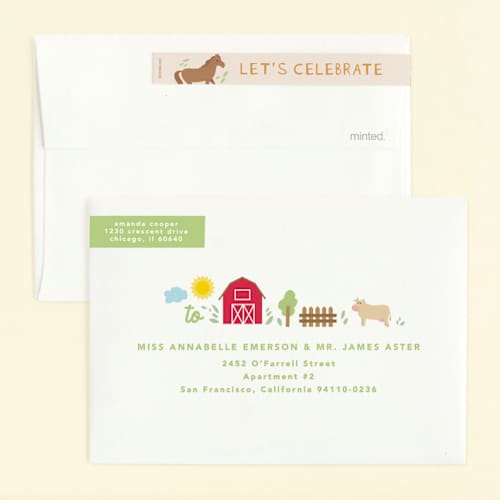 This is a cotton kids birthday invitations with standard by Creo Study called barnyard noises printing on signature in standard