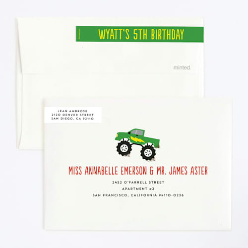 This is a lime kids birthday invitations with standard by Erica Krystek called monster truck printing on signature in standard