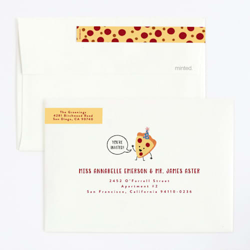 This is a tomato kids birthday invitations with standard by Katie Zimpel called it's a pizza party printing on signature in standard