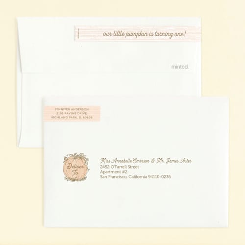 This is a peach kids birthday invitations with standard by Paper Sun Studio called little pumpkin printing on signature in standard