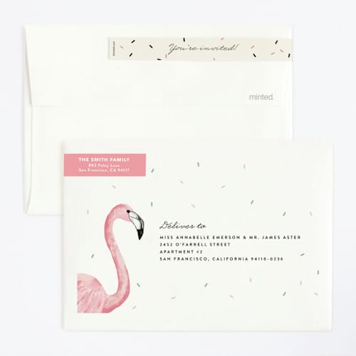 This is a crepe kids birthday invitations with standard by Cass Loh called flamingo sprinkles printing on signature in standard
