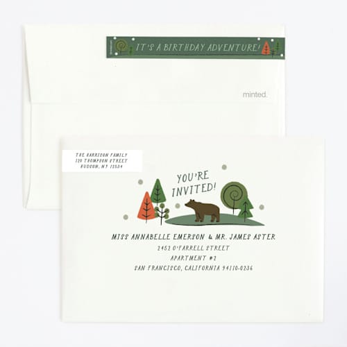 This is a forest kids birthday invitations with standard by Jennifer Lew called skip go printing on signature in standard
