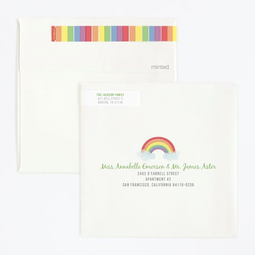 This is a soft teal kids birthday invitations with standard by Angela Garrick called rainbow celebration printing on signature in standard
