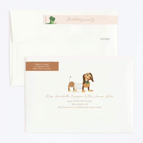 This is a taupe kids birthday invitations with standard by Sabrin Deirani called disney's and pixar toy story friends printing on signature in standard