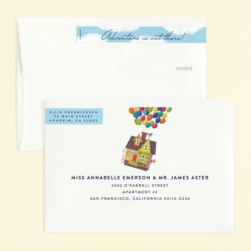 This is a sky kids birthday invitations with standard by Brooke Chandler called disney and pixar's adventure is out there! printing on signature in standard
