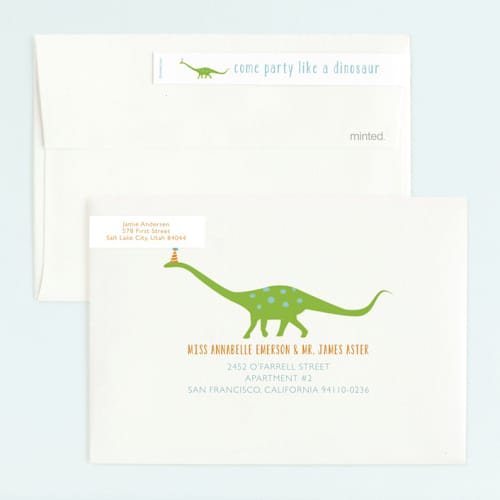 This is a lake kids birthday invitations with standard by freckle fish called party like a dinosaur printing on signature in standard