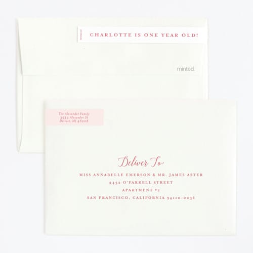 This is a blush kids birthday invitations with standard by Genna Blackburn called big script printing on signature in standard