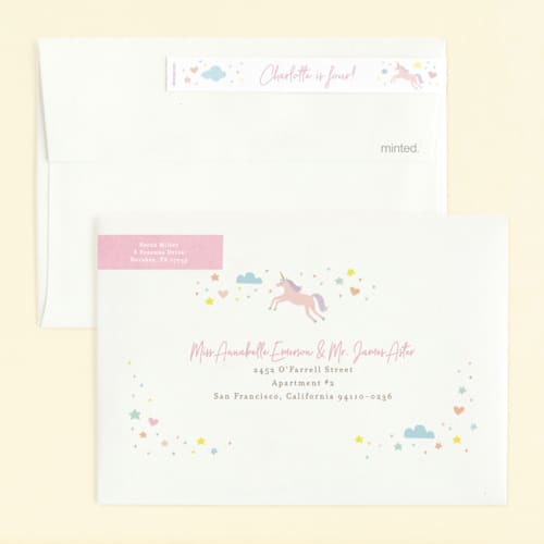 This is a bubblegum kids birthday invitations with standard by Jennifer Wick called unicorn dreams printing on signature in standard
