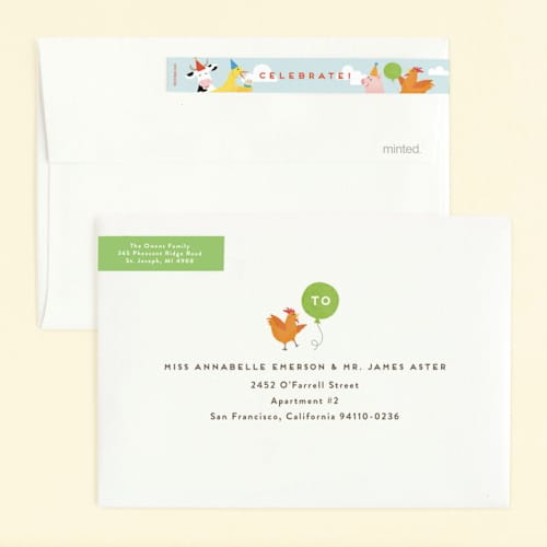 This is a robin’s egg kids birthday invitations with standard by Jennifer Wick called farm animal friends printing on signature in standard