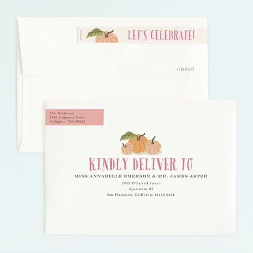 This is a peach kids birthday invitations with standard by Karidy Walker called autumn pumpkin printing on signature in standard