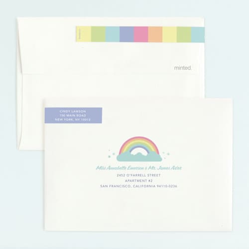 This is a mint kids birthday invitations with standard by Maria Alou called pastel rainbow sparkles printing on signature in standard