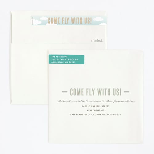 This is a teal kids birthday invitations with standard by Karidy Walker called come fly with us printing on signature in standard