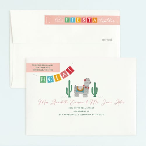 This is a strawberry kids birthday invitations with standard by Jennifer Lew called llama piñata printing on signature in standard