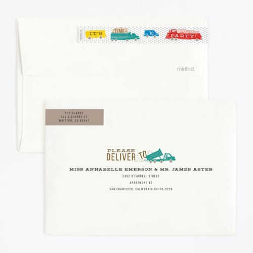 This is a bright turquoise kids birthday invitations with standard by Shiny Penny Studio called things that g0 printing on signature in standard