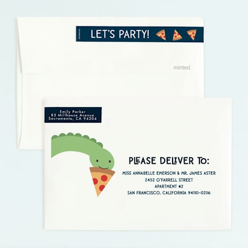This is a leaf kids birthday invitations with standard by Kacey Kendrick Wagner called arched dinosaur printing on signature in standard