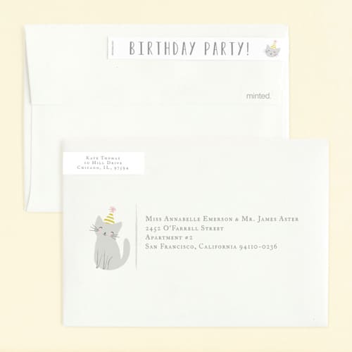 This is a spearmint kids birthday invitations with standard by Angela Thompson called party cat printing on signature in standard