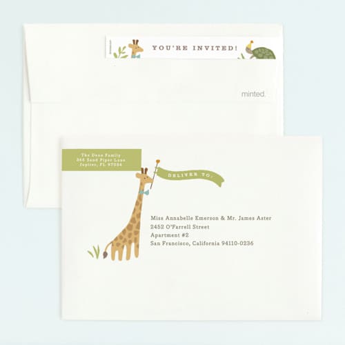This is a pear kids birthday invitations with standard by Jennifer Wick called animals on parade printing on signature in standard
