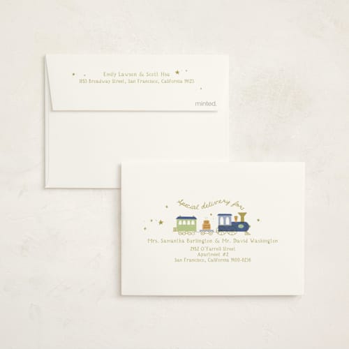 This is a cream thank you cards with foil pressed by Kiersten Garner called chugga chugga two two printing on strathmore in standard