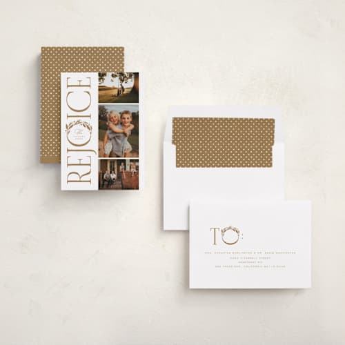 This is a caramel photo christmas cards with standard by Michelle Taylor called greenery details printing on recycled smooth signature in standard