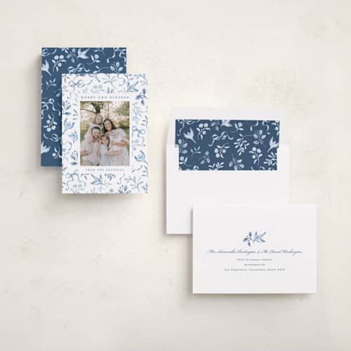 This is a cornflower photo christmas cards with standard by Sarah Knight called toile de joy printing on recycled smooth signature in standard