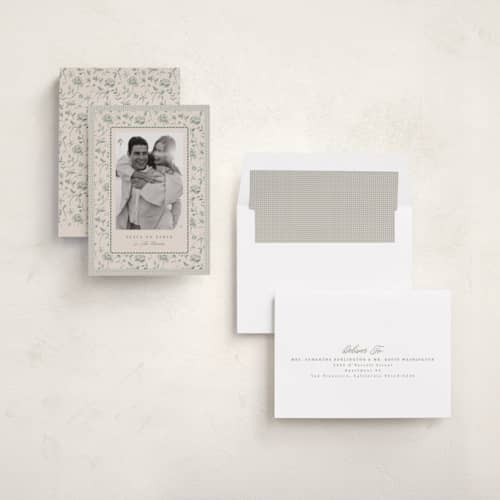 This is a wintermint photo christmas cards with standard by Everett Paper Goods called gingham fleur printing on recycled smooth signature in standard