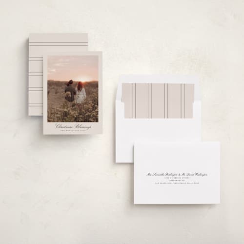 This is a tan photo christmas cards with standard by Nicole Walsh called pano script printing on recycled smooth signature in standard