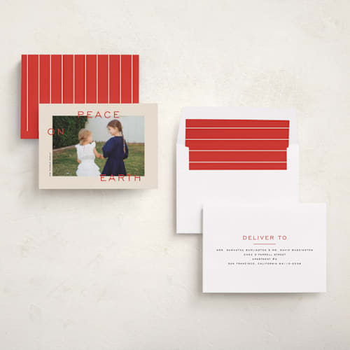 This is a poinsettia photo christmas cards with standard by Ekko Studio called simply peaceful printing on recycled smooth signature in standard
