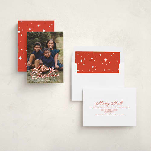 This is a poinsettia photo christmas cards with standard by Ekko Studio called retro script printing on recycled smooth signature in standard