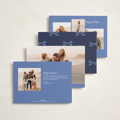 This is a navy photo christmas cards with standard by Sarah Knight called plaid ribbon printing on recycled smooth signature in standard