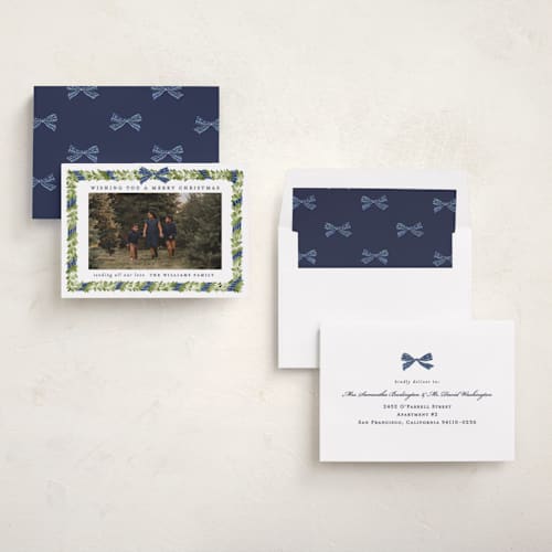 This is a navy photo christmas cards with standard by Sarah Knight called plaid ribbon printing on recycled smooth signature in standard