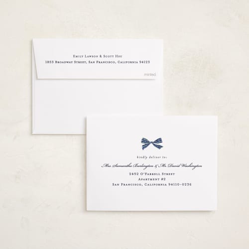 This is a navy photo christmas cards with standard by Sarah Knight called plaid ribbon printing on recycled smooth signature in standard