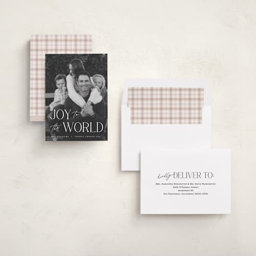This is a snow photo christmas cards with standard by Pixel and Hank called all joy to the world printing on recycled smooth signature in standard
