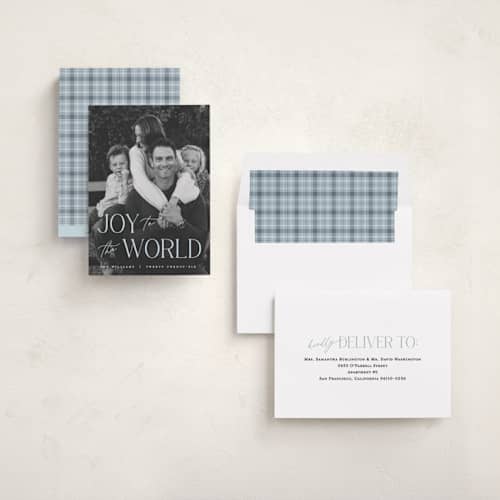 This is a sky photo christmas cards with standard by Pixel and Hank called all joy to the world printing on recycled smooth signature in standard
