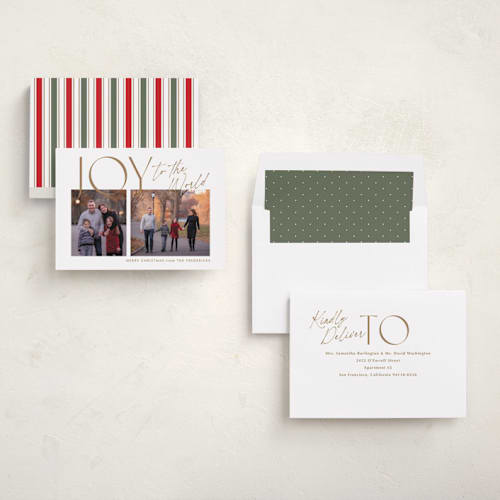 This is a butterscotch photo christmas cards with standard by Jackie Crawford called joyfully duo printing on recycled smooth signature in standard