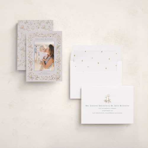 This is a champagne photo christmas cards with standard by Cass Loh called candlelight & holly printing on recycled smooth signature in standard