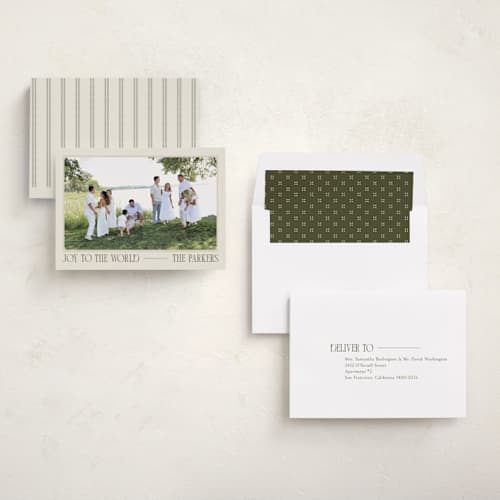 This is a cream photo christmas cards with standard by Robert and Stella called vintage postcard printing on recycled smooth signature in standard