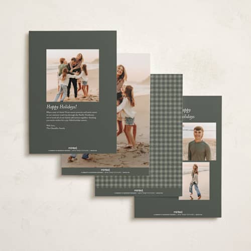 This is a eucalyptus photo christmas cards with standard by Wildfield Paper Co called happy holiday printing on recycled smooth signature in standard