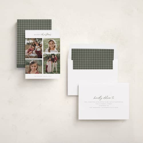 This is a eucalyptus photo christmas cards with standard by Wildfield Paper Co called happy holiday printing on recycled smooth signature in standard