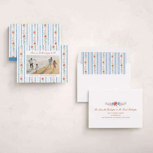 This is a hydrangea photo christmas cards with standard by Sarah Knight called poinsettia stripe printing on recycled smooth signature in standard