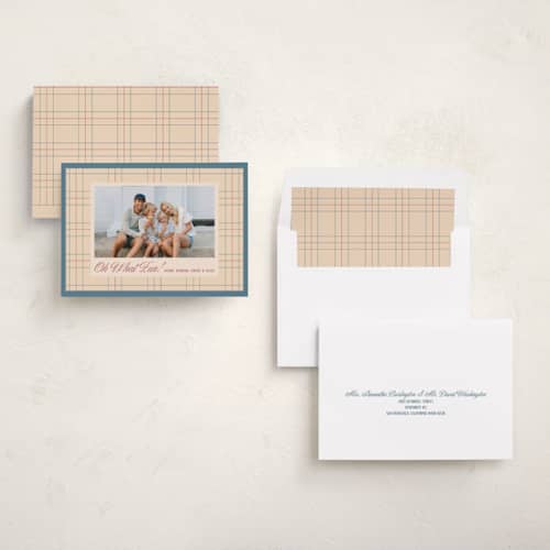 This is a cottage blue photo christmas cards with standard by Mellary Bitner called thin lines printing on recycled smooth signature in standard