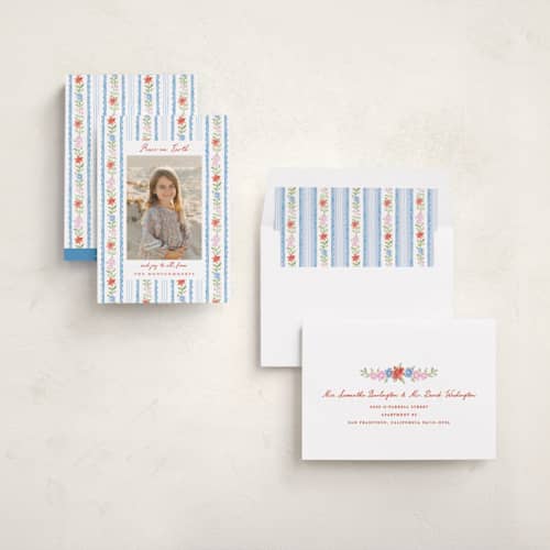 This is a hydrangea photo christmas cards with standard by Sarah Knight called poinsettia stripe printing on recycled smooth signature in standard