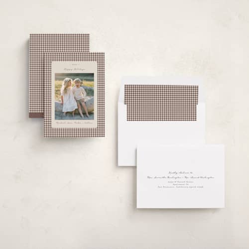 This is a gingerbread latte photo christmas cards with standard by Emily Betts called gingham vintage printing on recycled smooth signature in standard