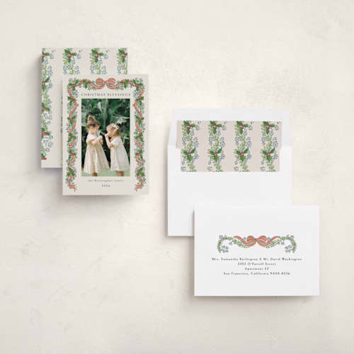 This is a coral photo christmas cards with standard by Chris Griffith called holiday garland frame printing on recycled smooth signature in standard