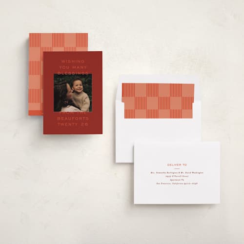 This is a pomegranate photo christmas cards with standard by Ekko Studio called stacked blessings printing on recycled smooth signature in standard