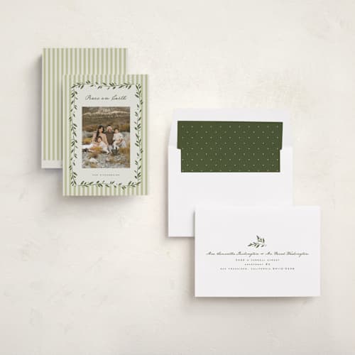 This is a mistletoe photo christmas cards with standard by Wildfield Paper Co called cottage stripe printing on recycled smooth signature in standard