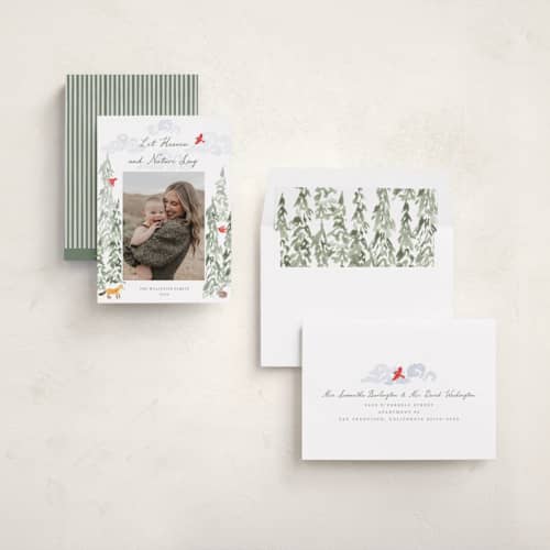 This is a forest photo christmas cards with standard by Holly Whitcomb called woodland watercolor printing on recycled smooth signature in standard